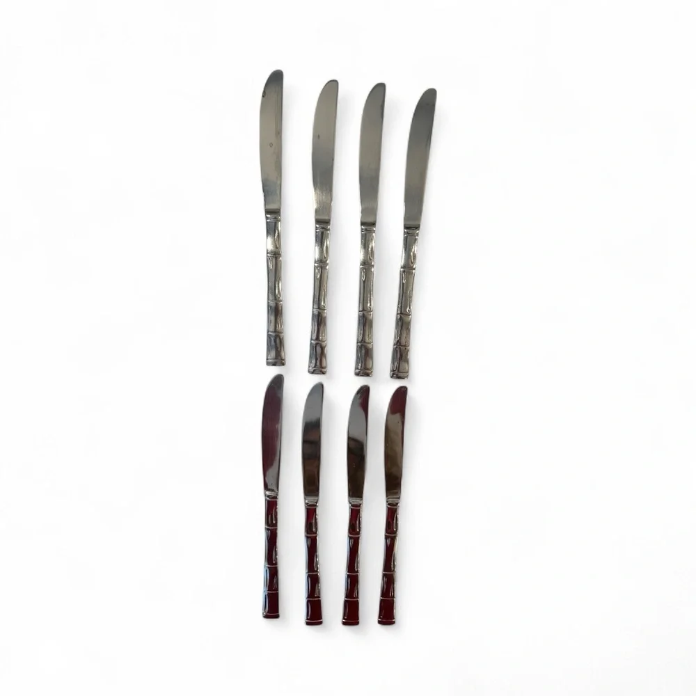 8 Piece VTG Mid Century KOREA Bamboo Stainless Steel Flatware Knives 9